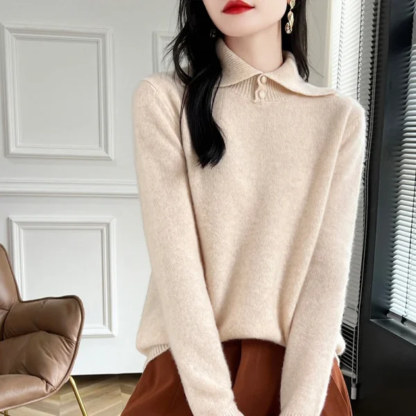 Wool Cashmere Cardigan Women's lapel Cardigan Warm Bottom Knit Shirt - Image 3