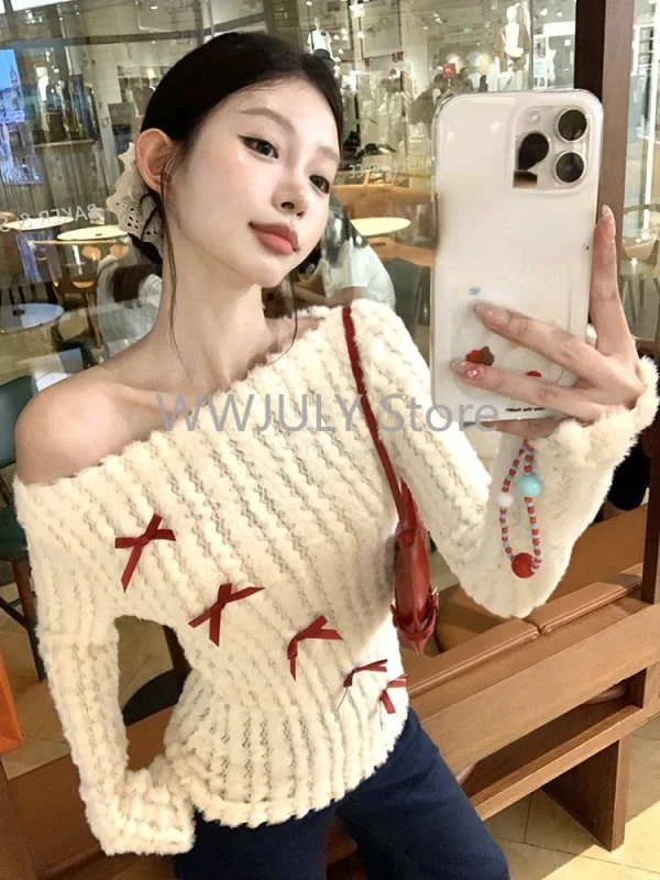 Woman Korean Fashion Bow Pullovers Sweater Long Sleeve Knitwears