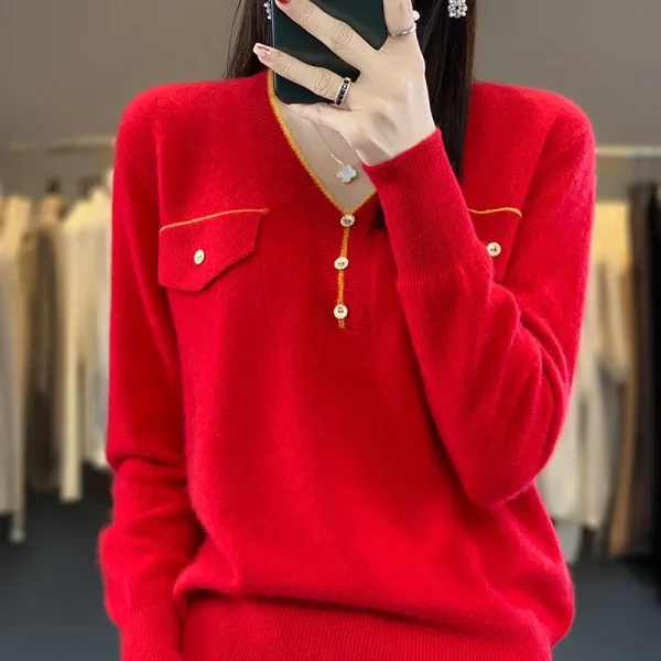 Cashmere sweater solid color button V-neck knitted pullover casual fashion - Image 5