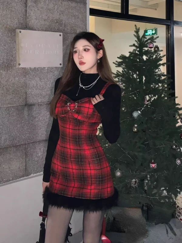 Korean Fashion Suit Elegant Red Plaid Set Women Casual Slim Black Blouse - Image 3