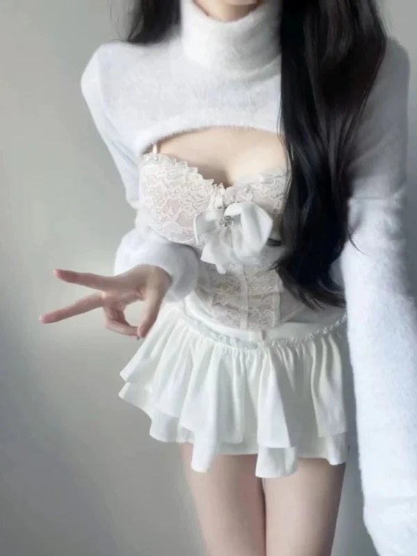 Korean Fashion White Skirt Sets Women Casual Slim Crop Tops - Image 5