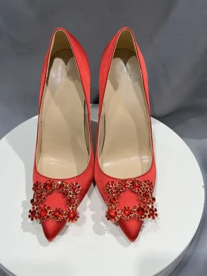 Sexy Rhinestones Square Women Red Satin Pointy Toe High Heel