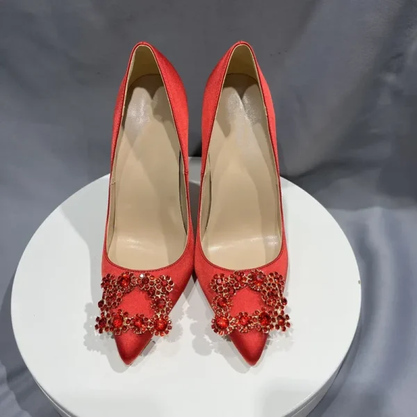 Sexy Rhinestones Square Women Red Satin Pointy Toe High Heel