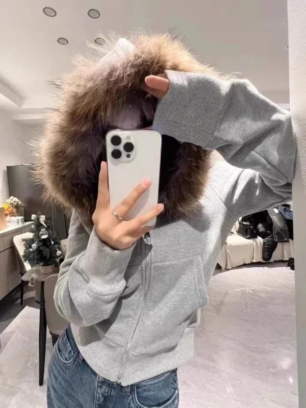 Long Sleeve Sweatshirts  Fur Collar Hooded Cardigan Coat Women