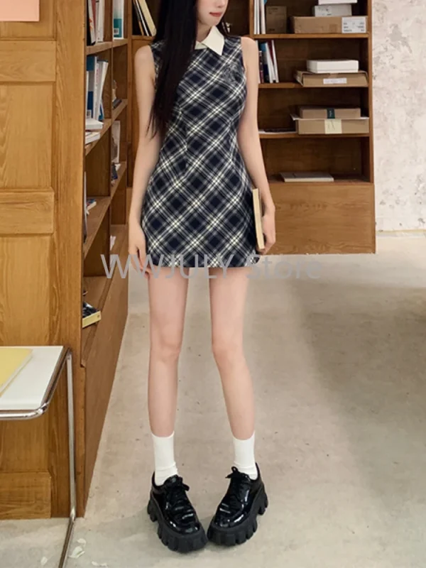 Korean Fashion Graduation Mini Plaid Preppy Sleeveless Dress - Image 2