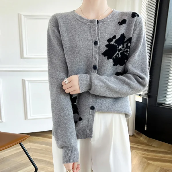 wool cardigan New cashmere sweater women's round neck cardigan - Image 3