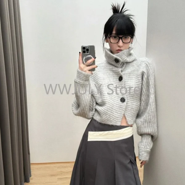 Gray Striped Women Sweater Vintage Turtleneck Korean Fashion - Image 2