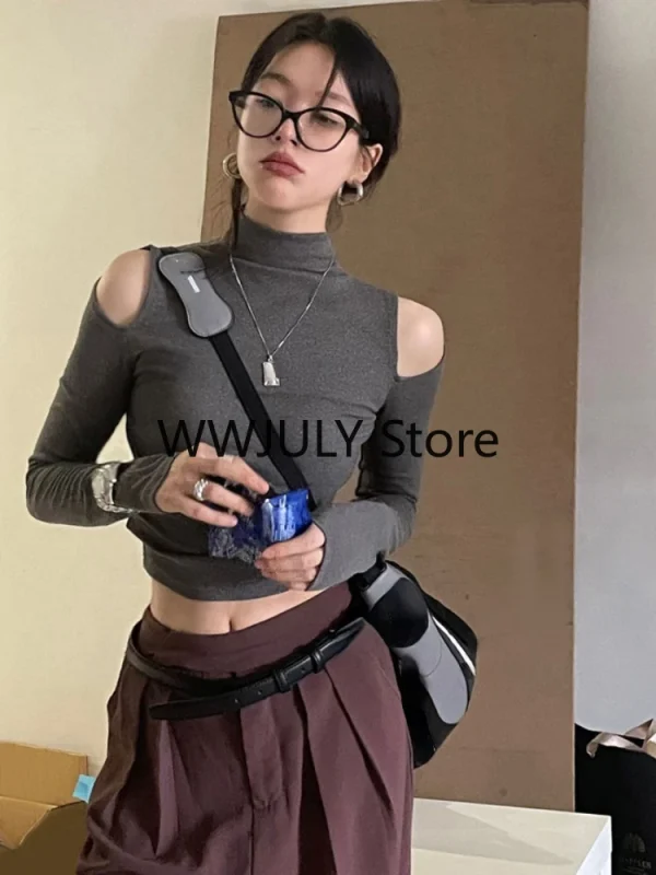 Vintage Solid Turtleneck T Shirts Women Gothic Sexy Slim Crop Tops - Image 4