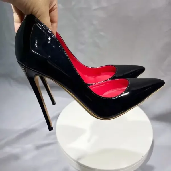 Red inside Black Patent Women Sexy Pointy Toe High Heel Shoes - Image 4