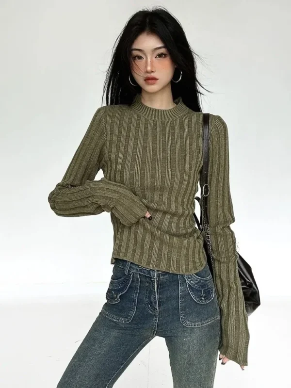 Vintage Green Crop Sweater Women Fairy Grunge Striped Pullover - Image 3