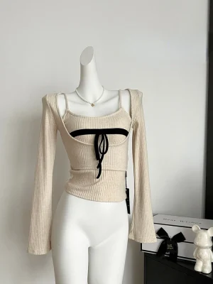 Winter Woman Korean Fashion Two Piece Sets Cropped Sweater