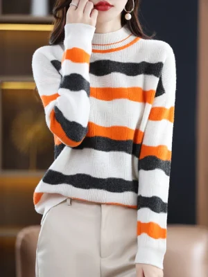 Cashmere sweater female O-neck striped pure wool pullover