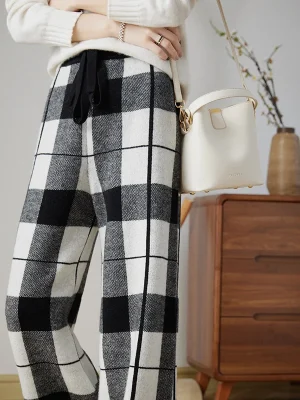 Wool knitted pants elastic waist plaid loose fashion wide-leg pants