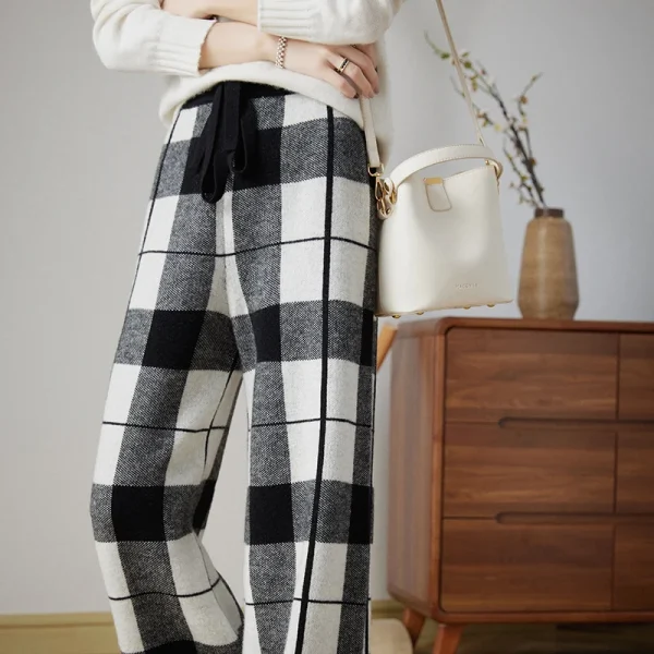 Wool knitted pants elastic waist plaid loose fashion wide-leg pants