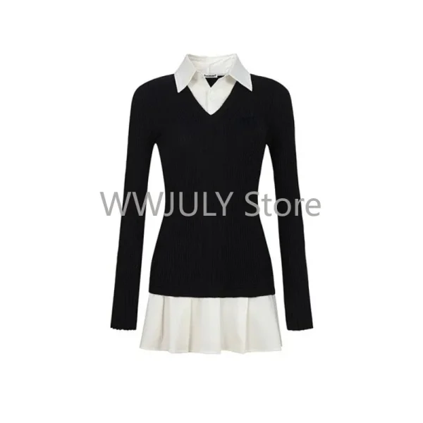 Fashion Women's Fake Two Piece Shirt Spliced Knitted Dress - Image 6