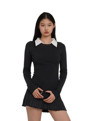 Women Korean Preppy Style Mini Black Shirt Dress Fake Two Pieces Long Sleeve