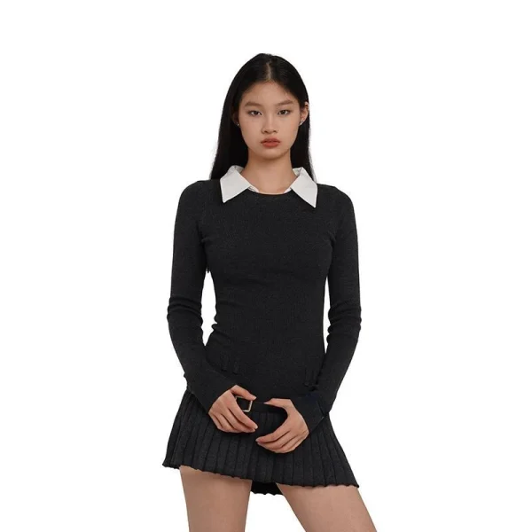 Women Korean Preppy Style Mini Black Shirt Dress Fake Two Pieces Long Sleeve