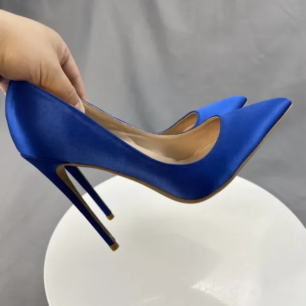 Women Blue Silk Satin Sexy Pointy Toe High Heels Pumps - Image 4