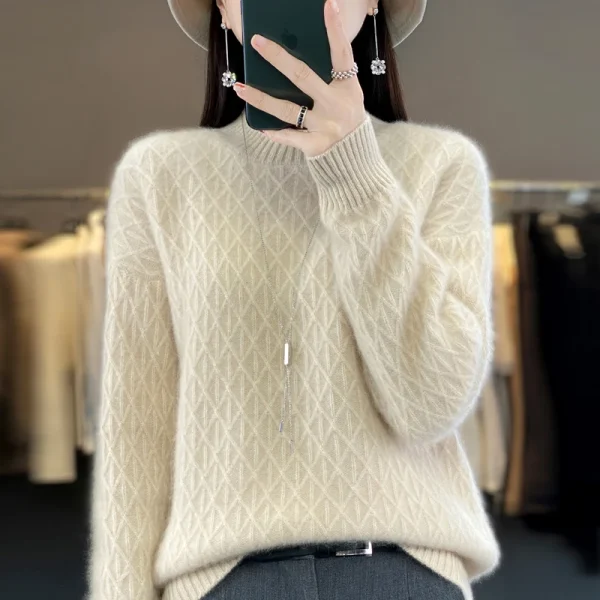 High neck cashmere sweater ladies thick diamond sweater loose - Image 5