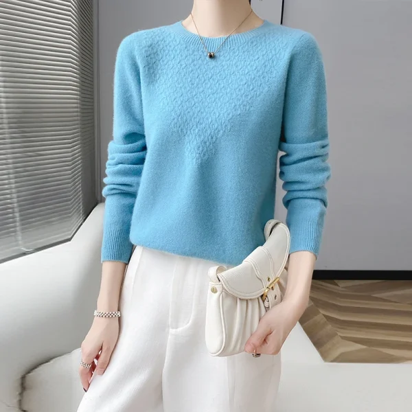 Cashmere sweater round neck solid color jacquard pullover loose knit - Image 3