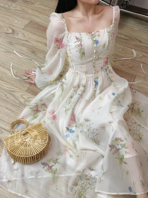 Chiffon Floral Midi Dress Office Lady 2025 Summer Elegant One Piece Dress