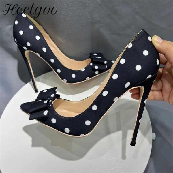 Polka Dot Bow Women Black Satin Sexy Pointy Toe High Heel Shoes - Image 2