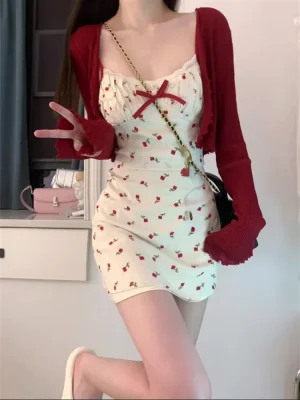 Sweet 2 Piece Dress Set Woman Red Long Sleeve Cardigan