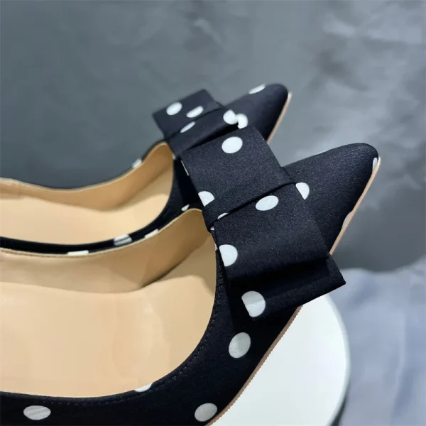 Polka Dot Bow Women Black Satin Sexy Pointy Toe High Heel Shoes - Image 5