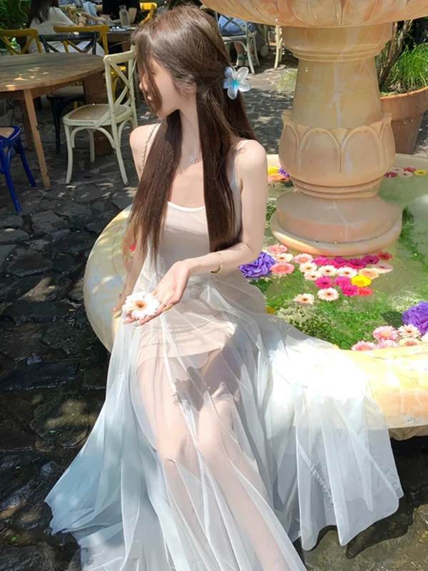 Woman French Elegant Midi Dress See Through Sexy Sleeveless Dress - Image 3