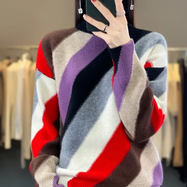 Wool turtleneck color matching thick sweater knitted pullover fashion loose coat - Image 3