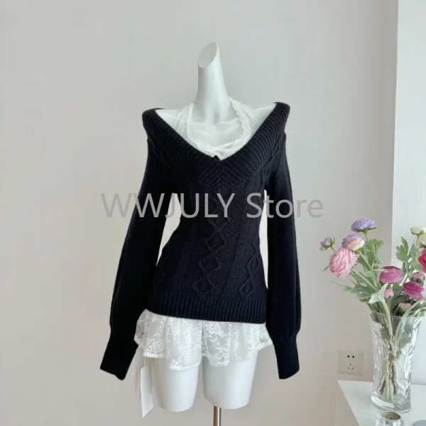 Woman Korean Ballet Core V-neck Two Piece Sets Pullovers Sweater - Image 4