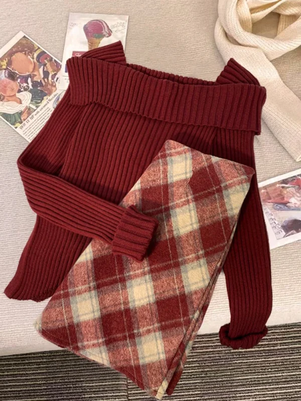 High Waist Slim  Mini Skirt Plaid Skirt Set - Image 7