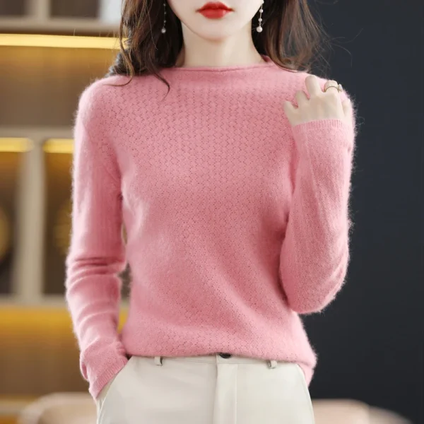 mink cashmere sweater women's O-neck pullover fashion hollow knit - Image 6