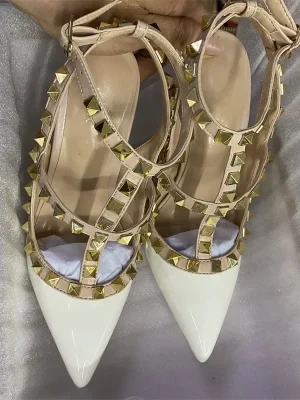 Gold Studs Women White Patent Pointy Toe Slingbacks Sandals