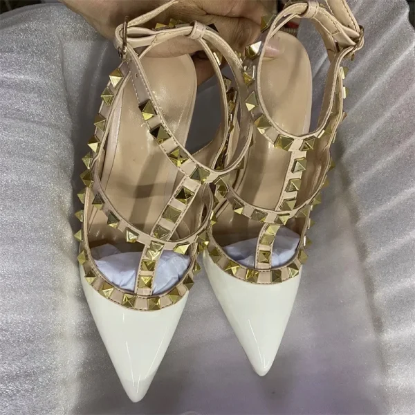 Gold Studs Women White Patent Pointy Toe Slingbacks Sandals