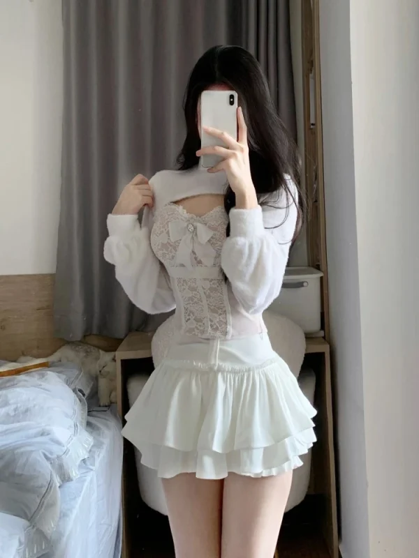 Korean Fashion White Skirt Sets Women Casual Slim Crop Tops - Image 4