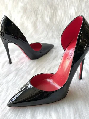 Black Patent Women Pointy Toe Side Cut High Heel Shoes