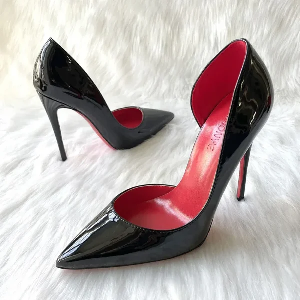 Black Patent Women Pointy Toe Side Cut High Heel Shoes