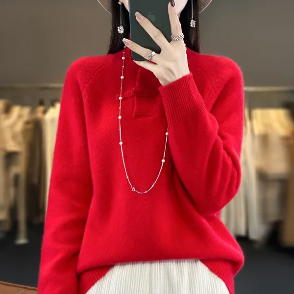 wool cashmere sweater retro buckle stand collar women's loose - Image 4