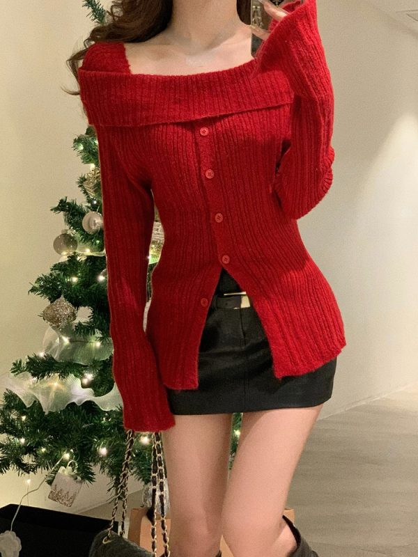 Winter Red Casual Knitted Sweater Woman Slim Korean Style