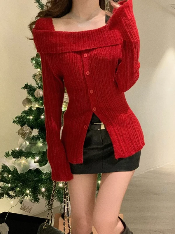 Winter Red Casual Knitted Sweater Woman Slim Korean Style - Image 2