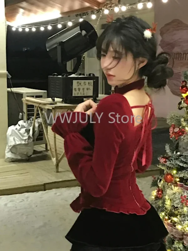 Christmas Robe Autumn Winter Red Velvet Slim Fit Tops - Image 6