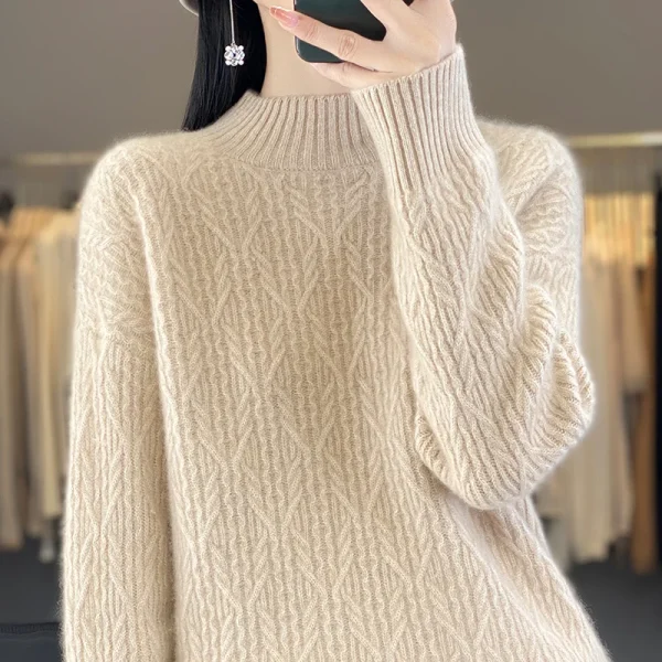 Wool cashmere sweater Women's semi-turtleneck pullover warm - Image 3