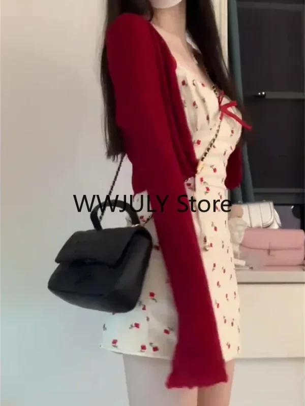 Sweet 2 Piece Dress Set Woman Red Long Sleeve Cardigan - Image 5