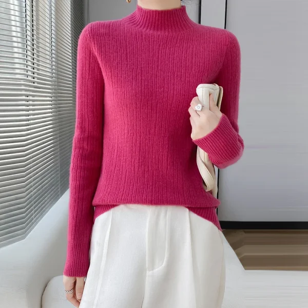 Wool women's semi-high neck slim sweater solid color casual knit - Image 4