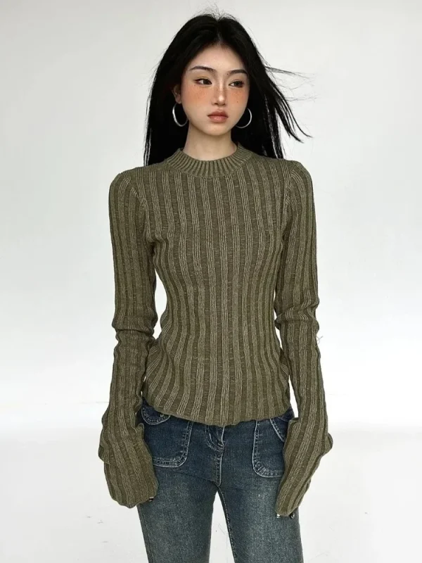 Vintage Green Crop Sweater Women Fairy Grunge Striped Pullover - Image 4