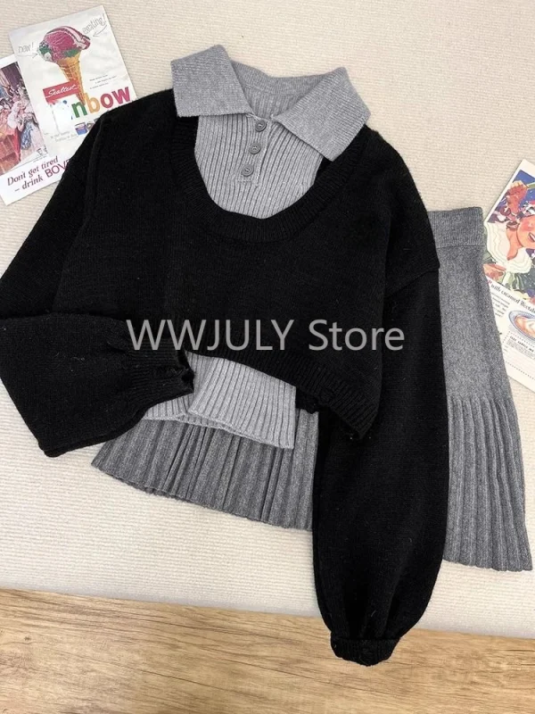 Woman Harajuku Knitted 3 Piece Set Spicy Girls Slim Vest - Image 8