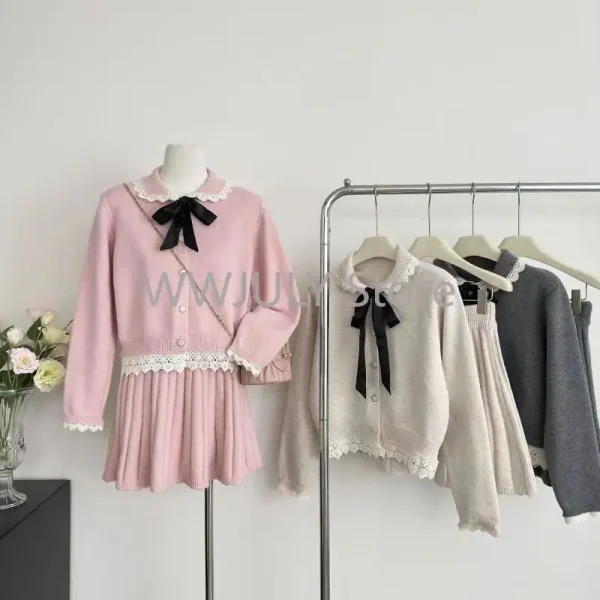 A Line Mini Skirt Suit Chic  Long Sleeve Doll Collar Knitted Cardigans - Image 6