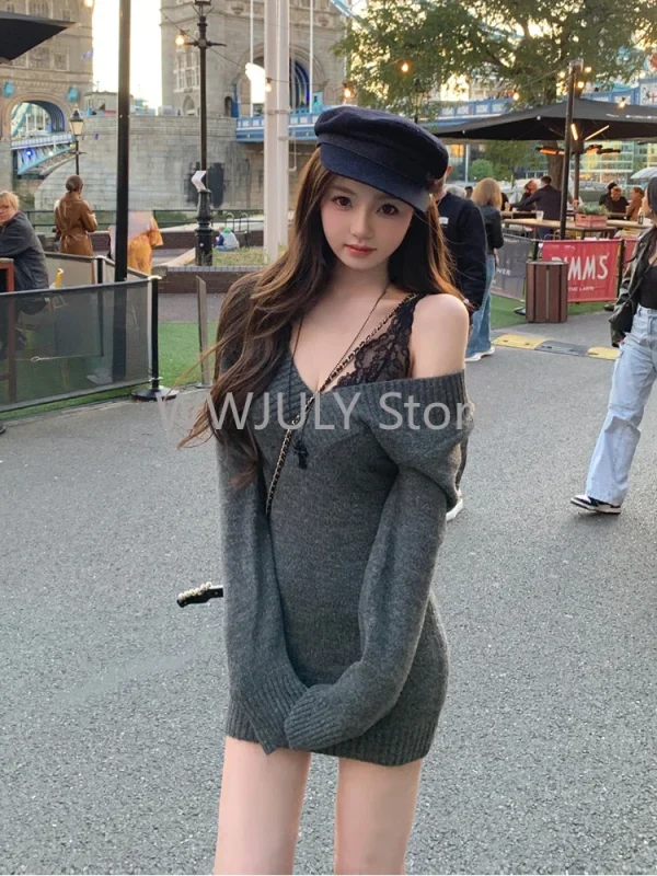 Winter V-neck Sexy Knitted Dress Set Women Long-sleeved Lace Vest Fashion - Image 4