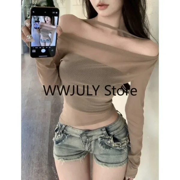 Crop Tops Vintage Korean Retro High Street Off Shoulder Knit - Image 5